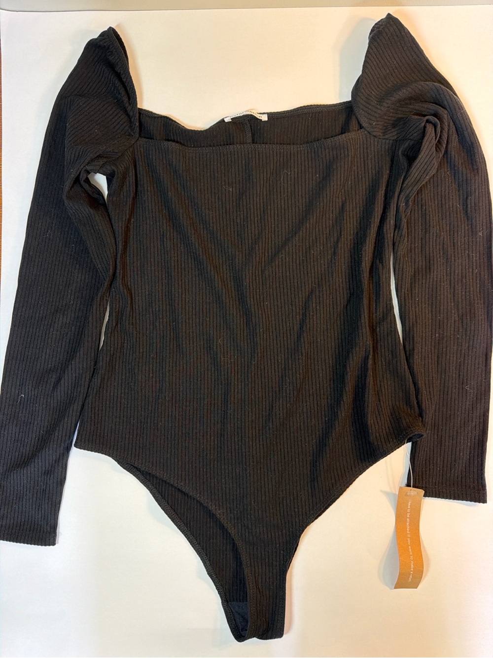 Reformation Black Ribbed Puff Sleeve Square Neck Bodysuit Medium